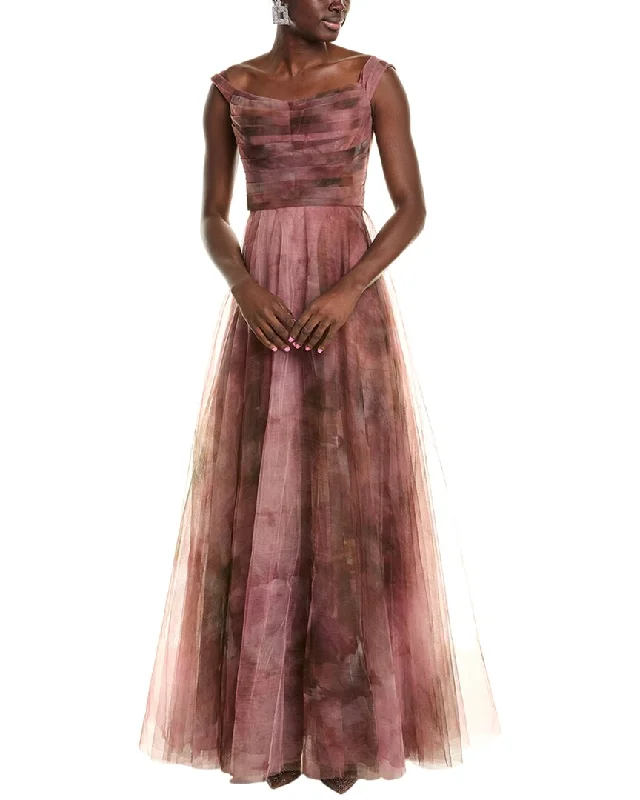 Overstock Sale Rene Ruiz Off-The-Shoulder Printed Tulle A-Line Gown
