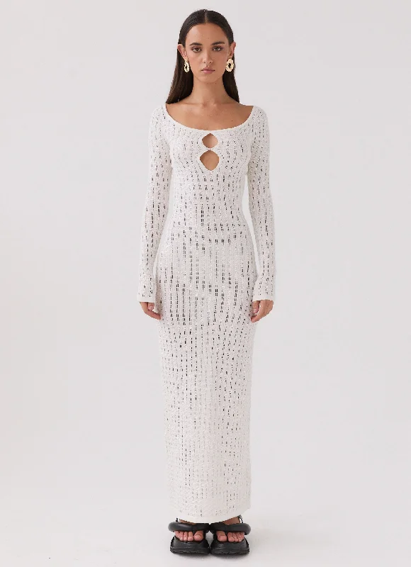 Stock Clearance Crystal Cascade Knit Maxi Dress - White