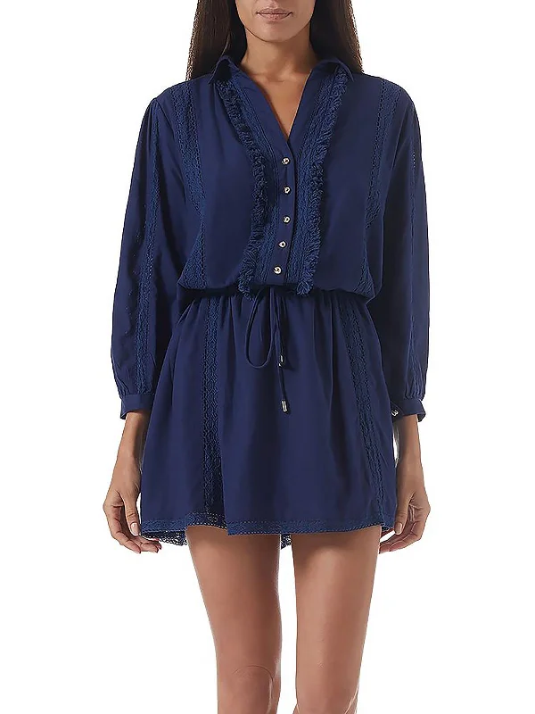 Deal Explosion Womens Crochet Trim Mini Shirtdress