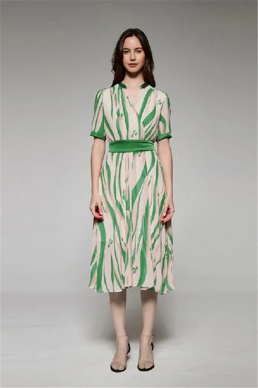 The Best Prices Green Day A-line V-neck Short Sleeve Midi Printed Dress