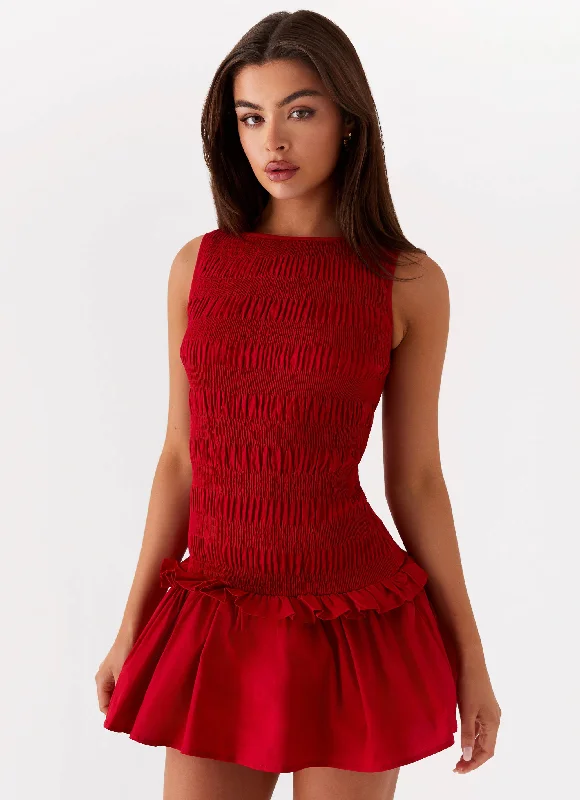 Doorbuster Deal Garden Kisses Shirred Mini Dress - Red