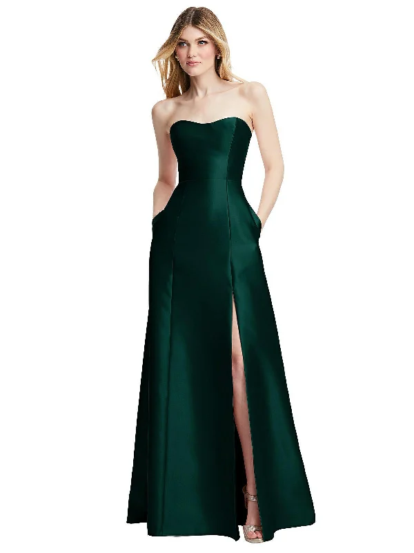 Closeout Sale Strapless A-line Satin Gown with Modern Bow Detail