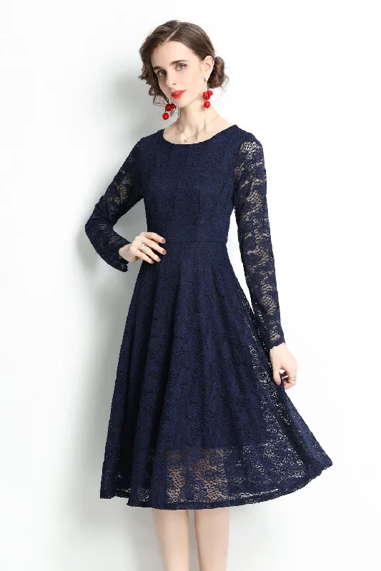 Unbeatable Prices Navy Evening Lace A-line Boatneck Long Sleeve Midi Classic Dress