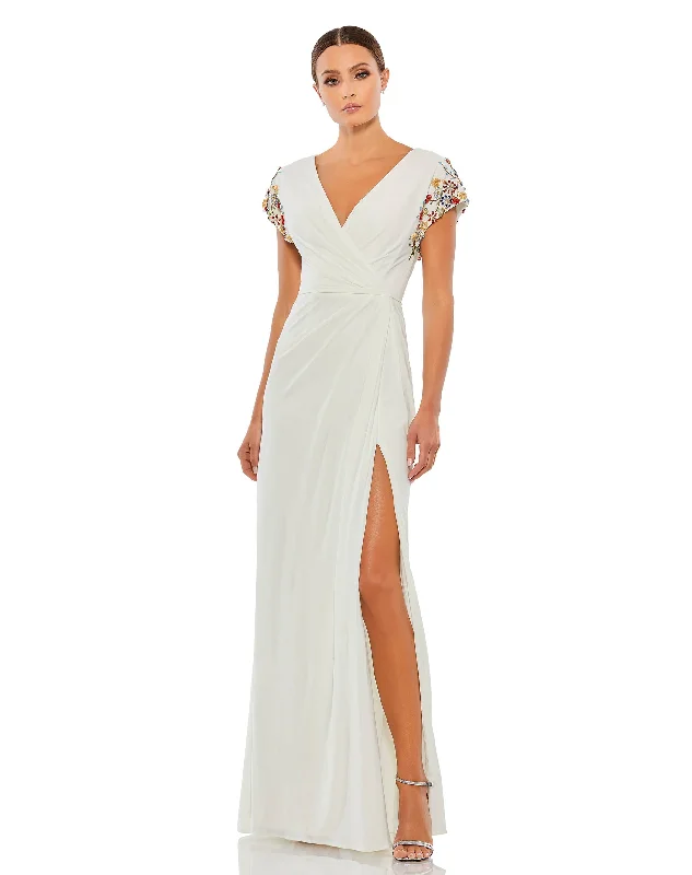 Hurry In Embellished Sleeve Jersey Wrap Gown