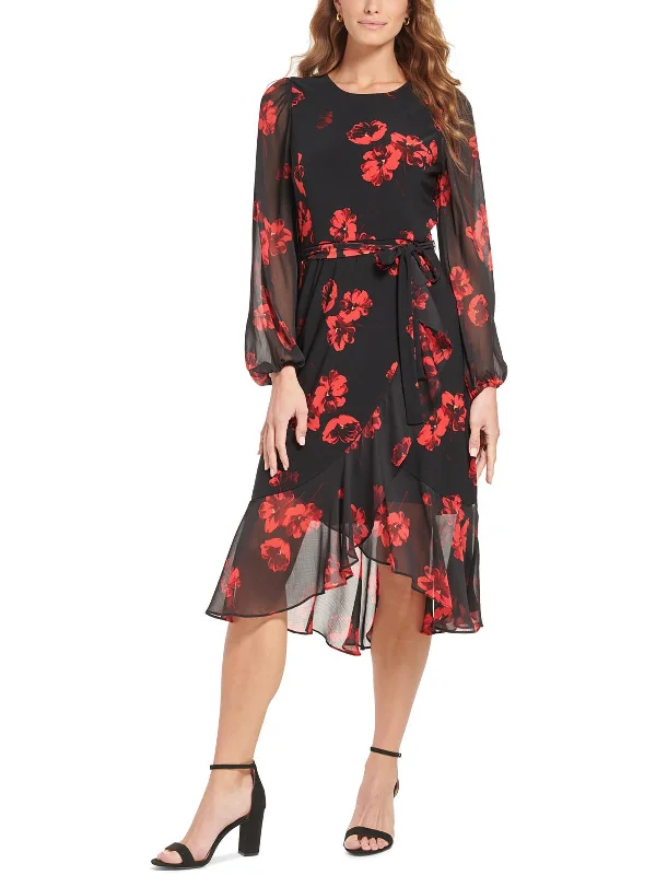 Shop and Save Petites Womens Floral Print Calf Midi Dress