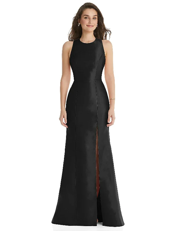 Price Blitz Jewel Neck Bowed Open-Back Trumpet Dress with Front Slit