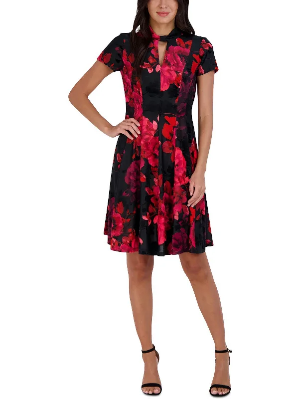 Great Bargains Petites Womens Floral Print Cut Out Fit & Flare Dress