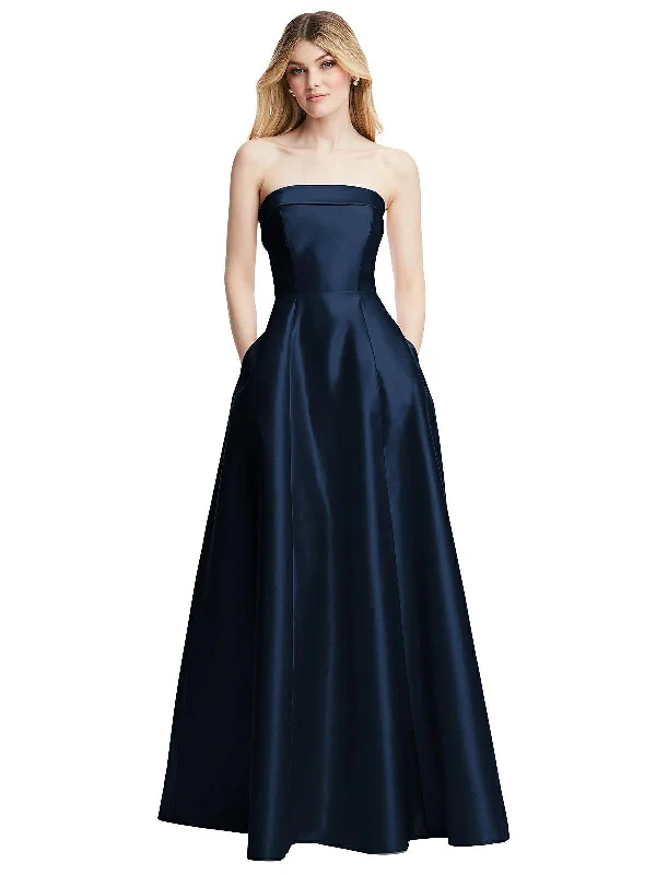 Loyalty Reward Strapless Bias Cuff Bodice Satin Gown with Pockets