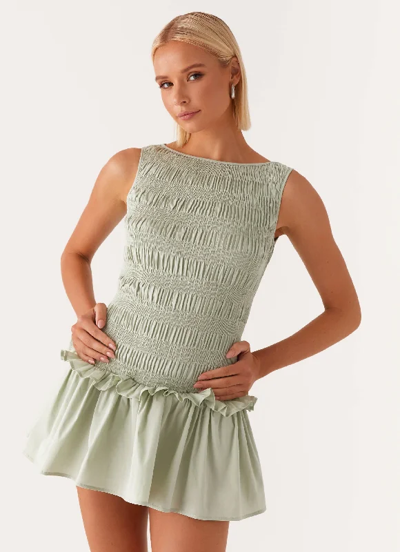 Savings Galore Garden Kisses Shirred Mini Dress - Sage