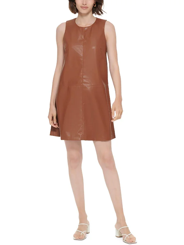 Weekend Deal Womens Faux Leather Mini Shift Dress