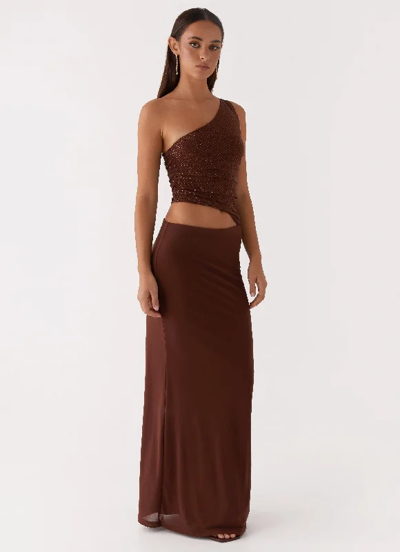 Discount Mania Seranella Sequin One Shoulder Maxi Dress - Chocolate