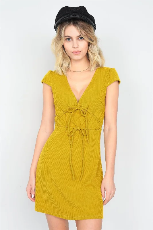 Exclusive Offers Mustard Ribbed V-neck Cap Sleeve Mini Solid Casual Dress