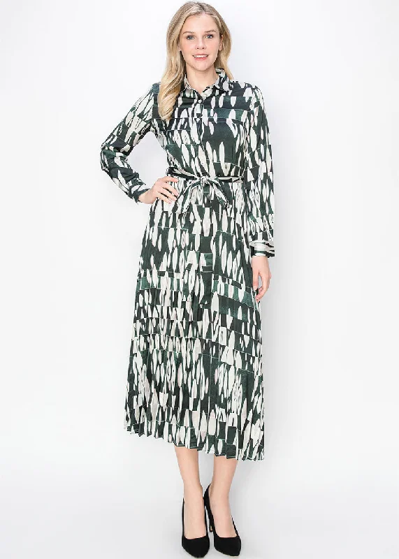 Super Sale Green Abstract Print Pleated Dress