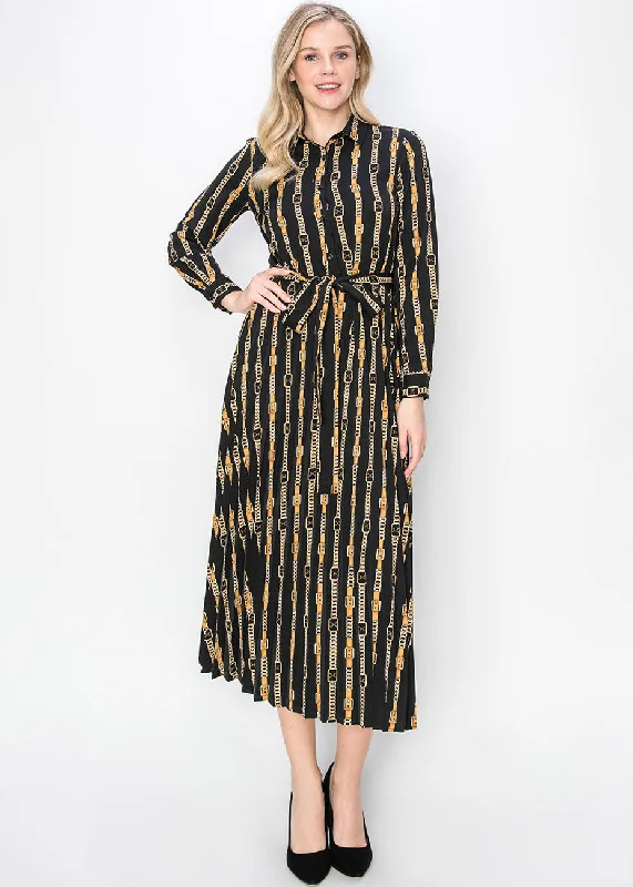 Crazy Savings Black & Gold Pleated Dress with Belt