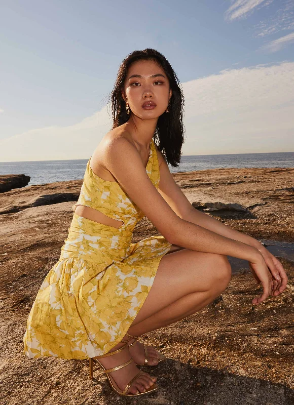 Deal Explosion Sunkissed Hearts One Shoulder Mini Dress - Daffodil