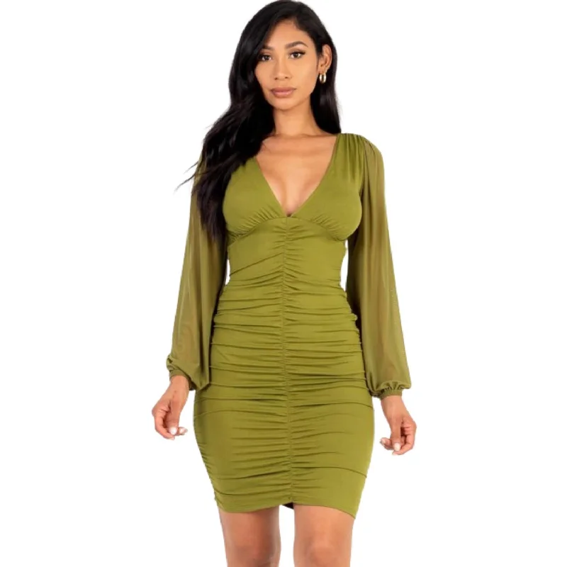 Early Access Ruched mesh long sleeve v-neck mini dress