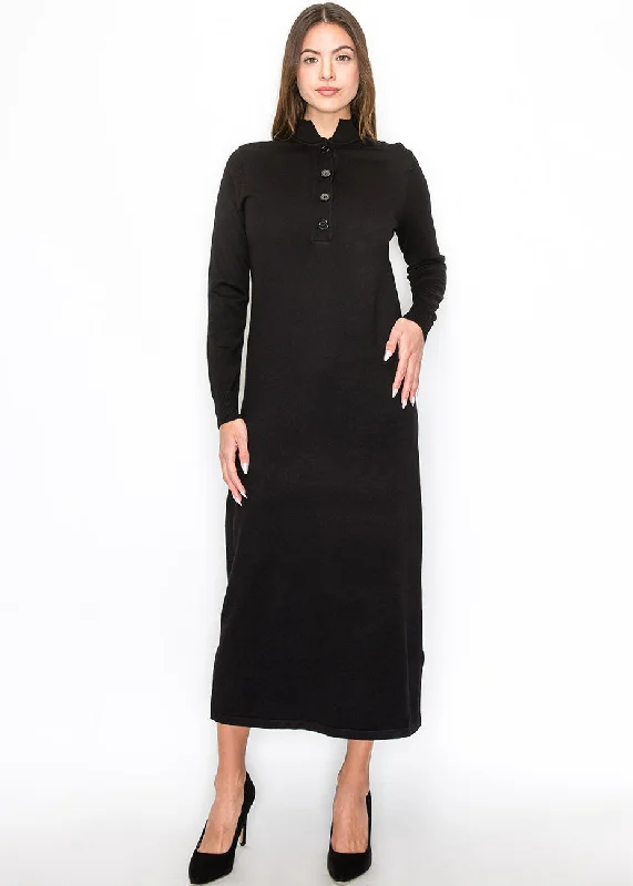 Stock Clearance Black Knit Midi Dress with Button Detail