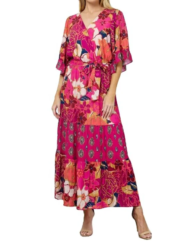 Final Clearance Mix Pattern Ruffle Dress In Magenta