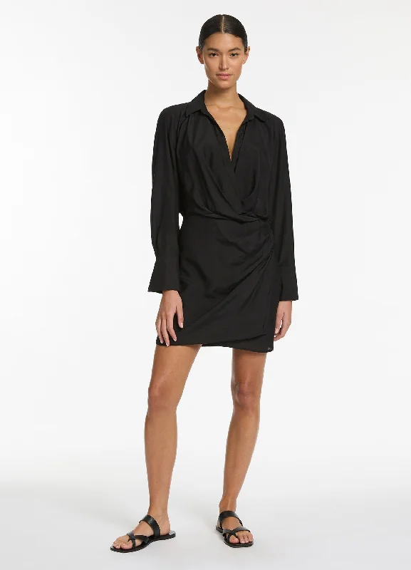 Midnight Sale Jetset Draped Shirt Dress - Black