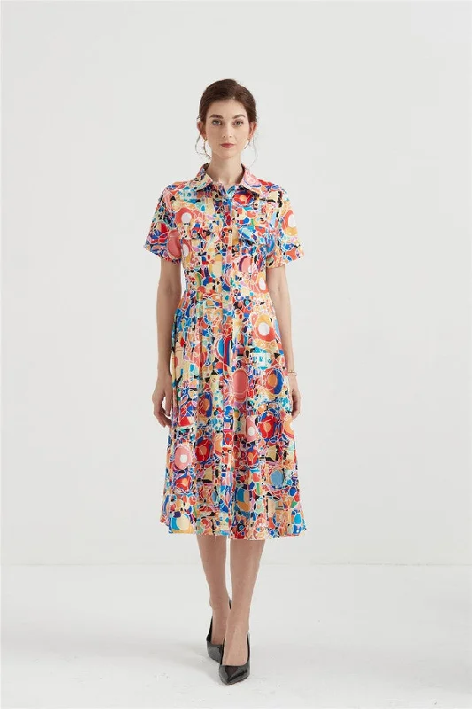 Today’s Deal Multicolor Day A-line Shirt Colar Short Sleeve Midi Dress