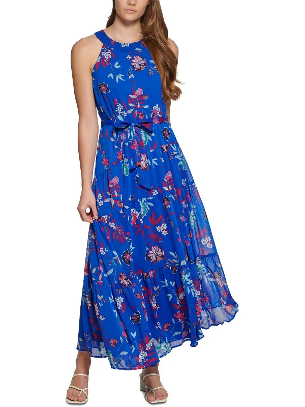 Bargain Bin Petites Womens Floral Print Tea-Length Halter Dress