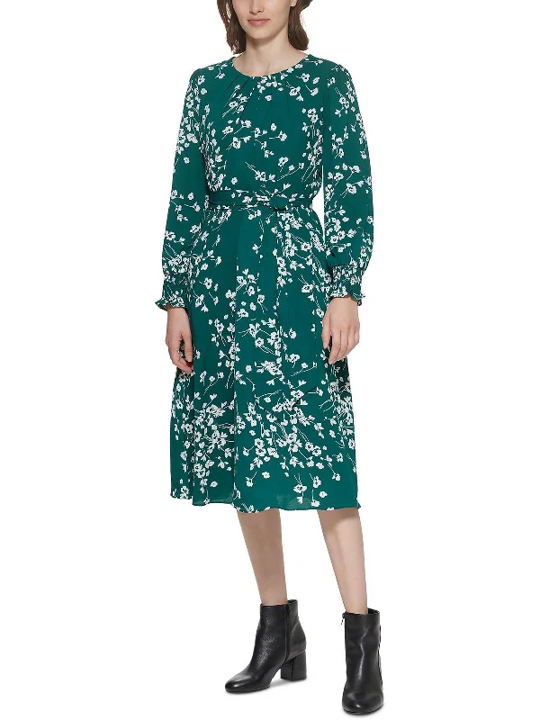 One-DAY Sale Womens Floral Print Pleated Midi Dress