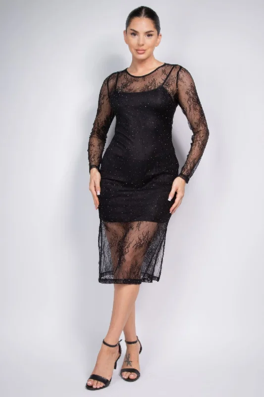 Don't Miss Lace Rhinestone-studded Slit Midi Dress