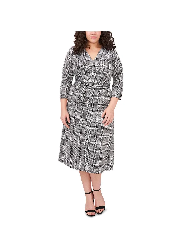 Warehouse Sale Plus Womens Plaid Mid Calf Shift Dress