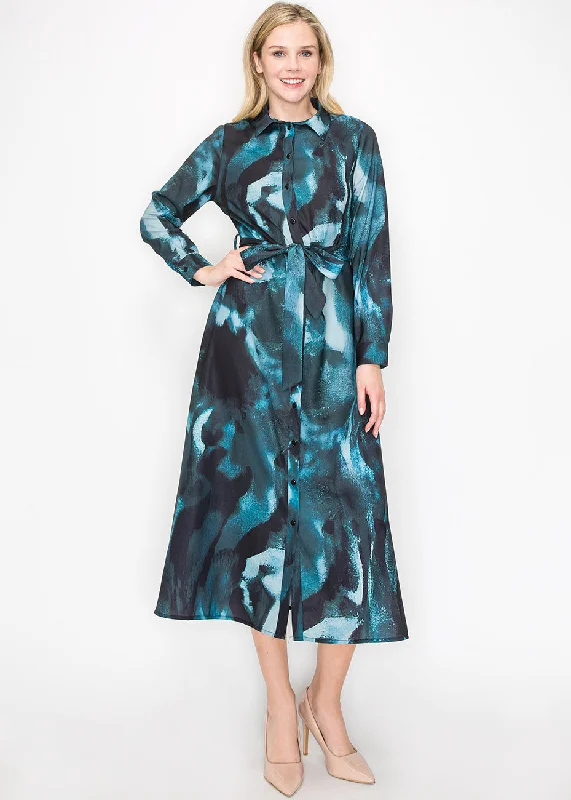 Blowout Deals Turquoise Brushstroke Button-Down Dress