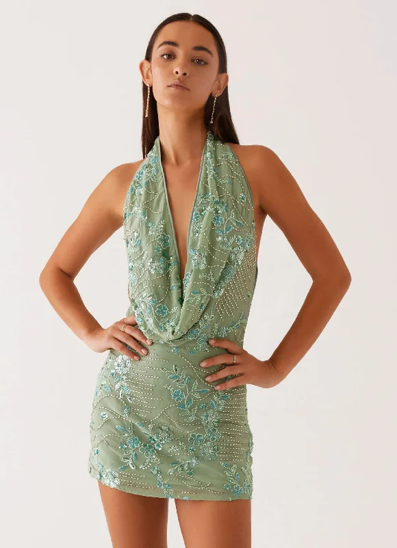 Online Only Olisa Cowl Neck Beaded Mini Dress - Mint