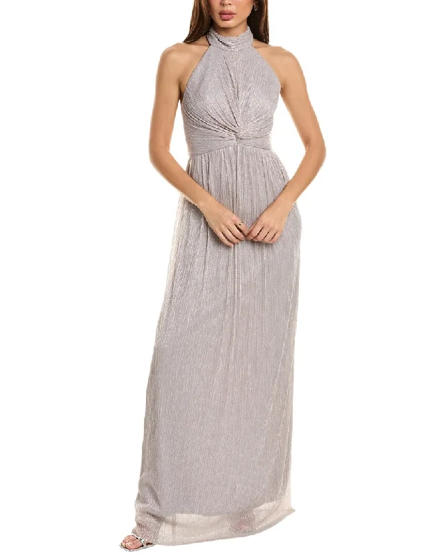 Huge Discounts Alfred Sung Halter Metallic Pleated Gown
