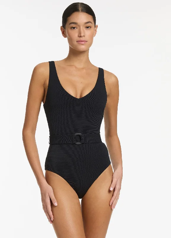 Deal Frenzy Isla Rib V-Neckline Belted One Piece - Black