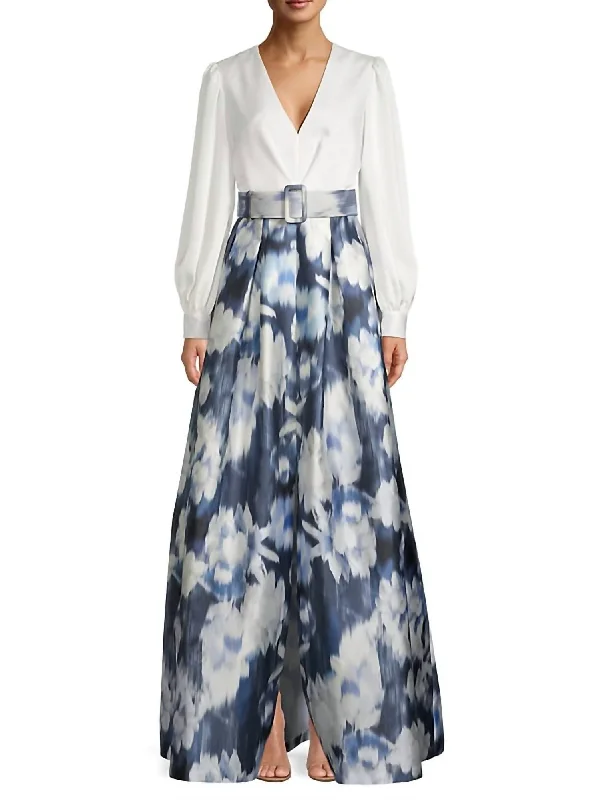 Crazy Deals Zoe Gown In Ivory/blue Ikat Floral