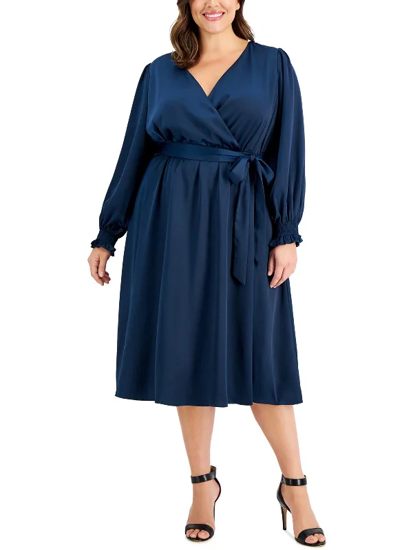 Limited Availability Plus Womens Satin Faux Wrap Midi Dress