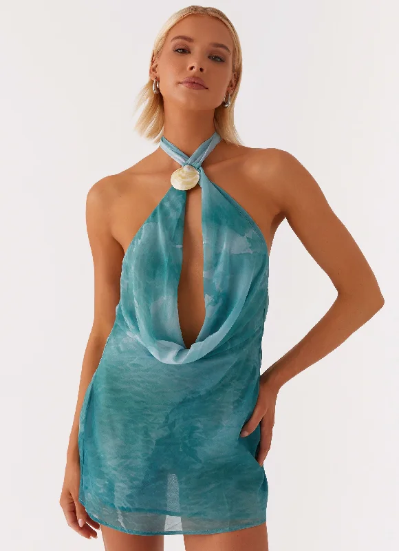 Price Reduction Oceans Away Deep Cowl Mini Dress - Green Tie Dye