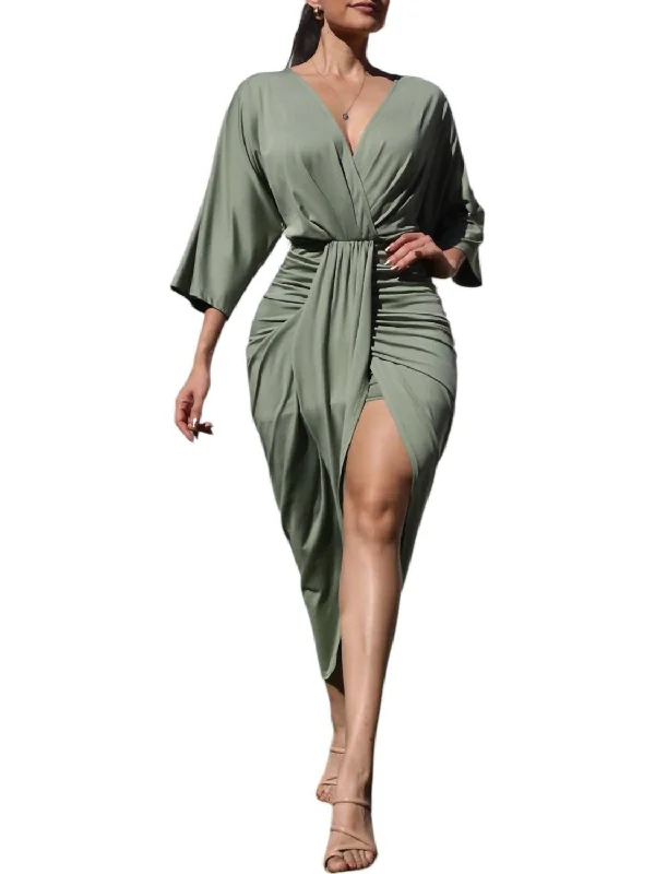 Members Only V-Neck Ruched Dress In Sage Green
