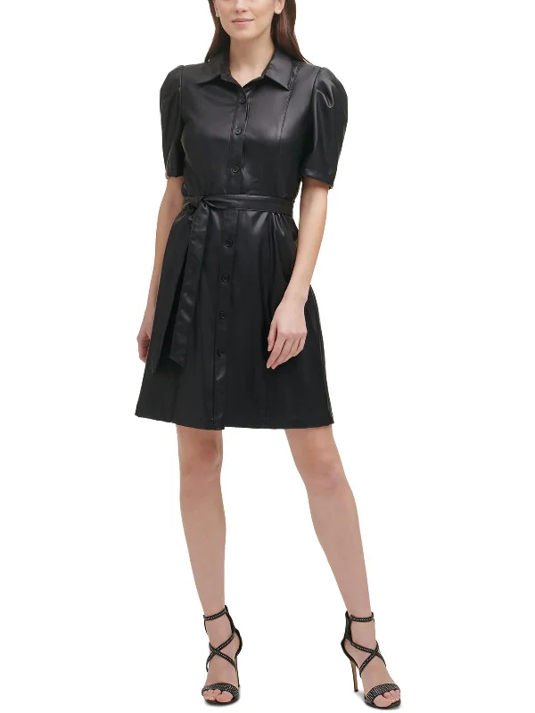 Friends and Family Sale Womens Faux Leather Knee Shirtdress