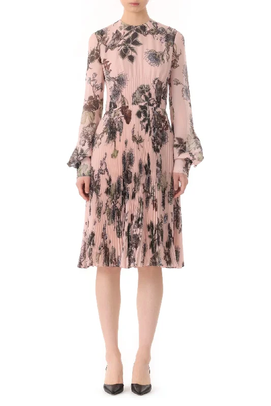 New Markdowns Forest Floral Long Sleeve Pleated Dress