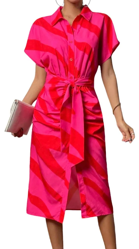 Hot Deal Button Down Knit Midi Dress With Tie In Pink
