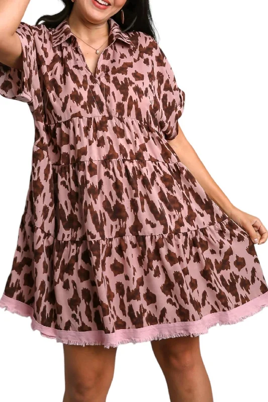 Act Now Animal Print Tiered Dress In Mauve