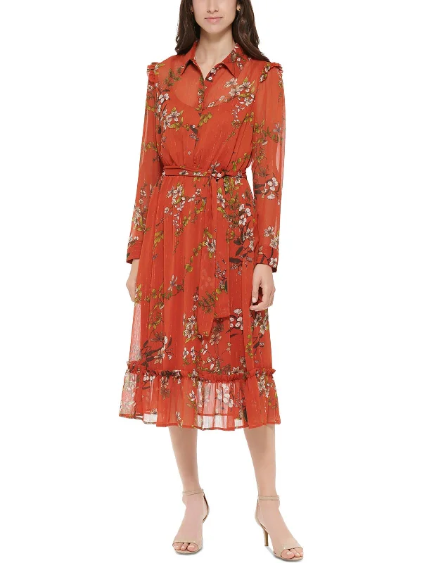 Massive Deals Womens Metallic Chiffon Shirtdress