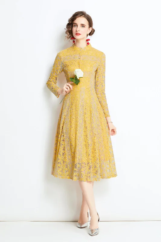Epic Deals Yellow Evening Buttoned Lace A-line High Neck Long Sleeve Below Knee Dress