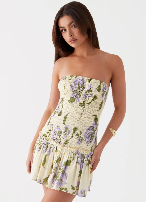 Online Only Break From Toronto Linen Mini Dress - Yellow Purple Floral