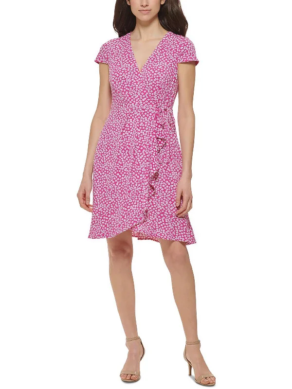 Act Now Petites Womens Floral Print Above Knee Wrap Dress