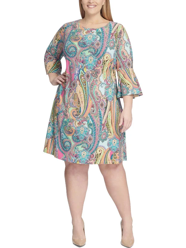 Limited Availability Plus Womens Paisley Print Bell Sleeve Shift Dress