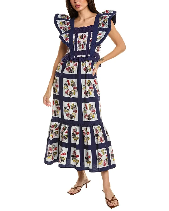 SEA NY Pippin Patchwork Smocked Apron Maxi Dress