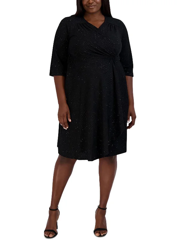 Holiday Sale Plus Womens Glitter Midi Cocktail and Party Dress