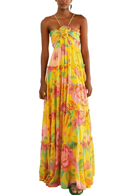 Limited Time Discount Printed Flowy Halter Maxi Dress In Yellow