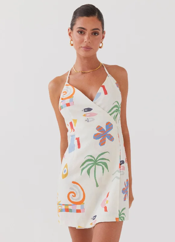 Unbeatable Prices At Last Sunrise Wrap Linen Mini Dress - Summer Palm