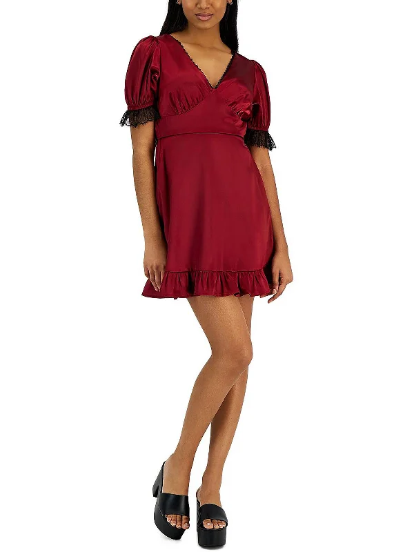 Last Chance Juniors Womens Satin Lace-Trim Cocktail and Party Dress